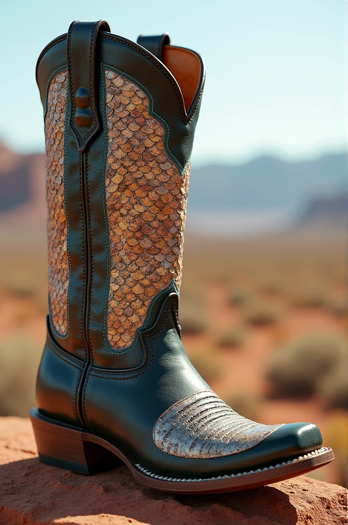 A cowboy boot with fish skin
