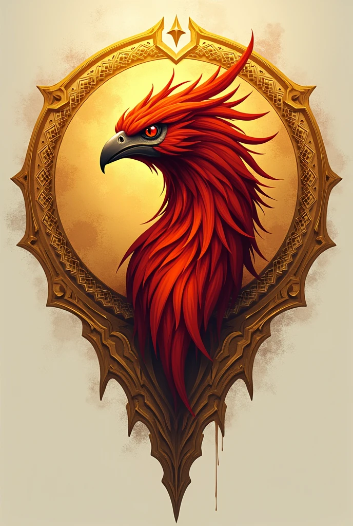 an image of a phoenix's head, red central part and golden outer tribal shape less realistic image
