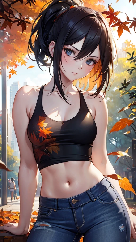 close, Beautiful woman in samdoesarts style, In a park full of orange leaves , Jeremy Mann, By Sandra Chevrier, Dave McCain、Richard Avedon、Maciej Kuciara, White tank top and jeans, Detailed, 8k