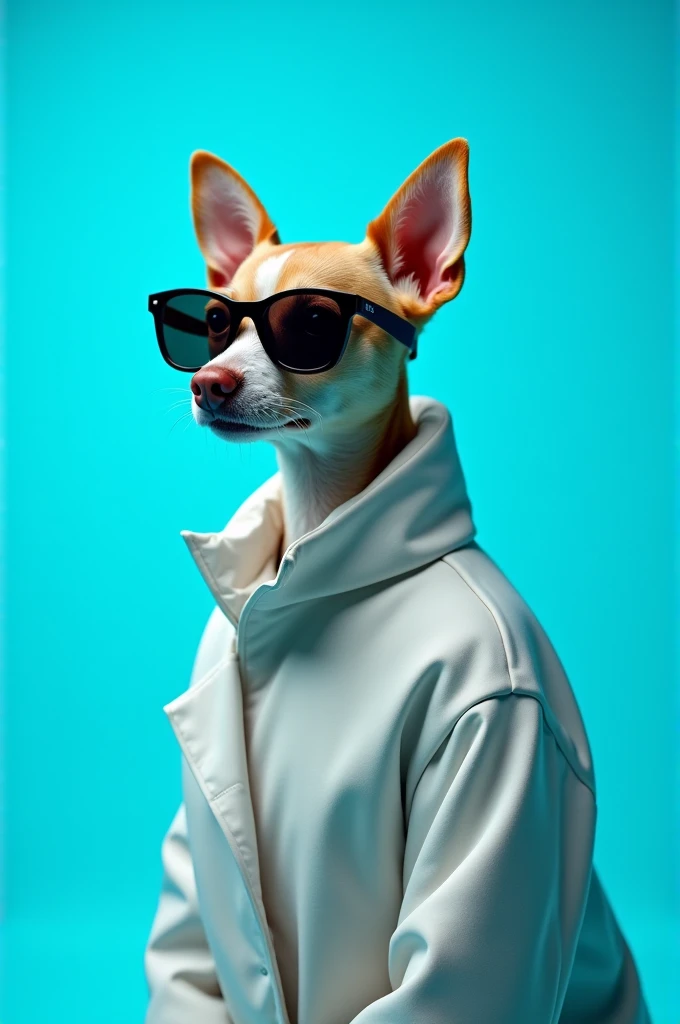 The best cell phone wallpaper, Award-Winning Wallpaper, portrait photography, In the front view is a portrait of a cute dog wearing mid-1960s space age fashion, Side view photo, Shot with Canon EOS R5, Set a strong contrast that accentuates the subject, Fluorescent blue tone, Wearing a very modern coat and sunglasses is a modern 1960s style, Clothes all in one color, beautiful background