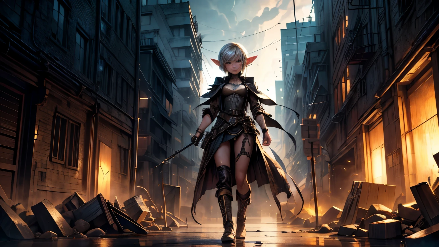 8k cute elf, (age elf with extremely cute eyes)), (((elf))), ((((High resolution))), (((extremely detailed))), ((masterpiece)), Se parece a Aerith Gainsborough., dramatic shadows, depth of field, Analog photography style, (A world where steampunk and post-apocalyptic vibes collide.), cute post-apocalyptic woman in steampunk aesthetic, torn dirty clothes, depth of field, full body shot, unzoomed, (perfect body: 1.4), (short hairstyle with side part), (bullying is quite common, Although it is not the best way to make a living), stylized atmosphere of unreality, dark atmosphere, dynamic pose, moving, Armageddon, increase cinematic lighting, Very realistic skin texture, Chapped lips, tired eyes, fine eyes, whitened skin, random hair color, aura of the end of the world