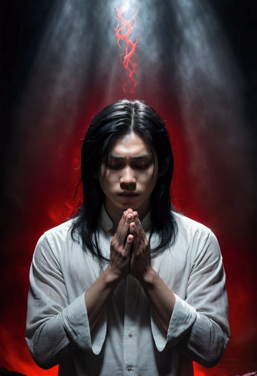 Book cover, dark ambient and scary aura, young Asian guy with pale skin, black long hair,, in praying position with red hands clutching his neck