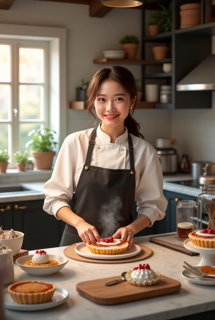 Young woman working as a pastry chef in her kitchen