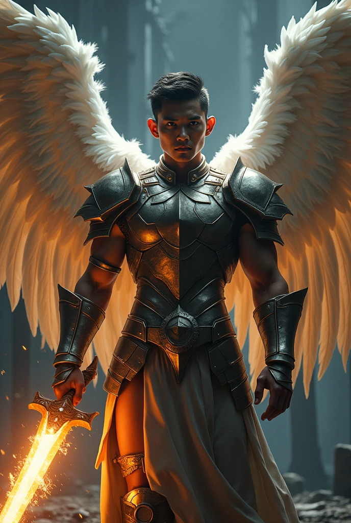 masterpiece, best quality, realistic, ultra detailed, sexy, homoerotic, movie poster style, dungeons and dragons, character design, filipino man with round face, muscular, fashionable dark hair, white angel wings, celestial heavy armor, dramatic hero pose with flaming sword, ambient lighting, dramatic shadows