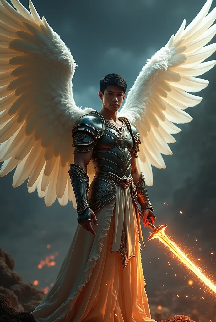 masterpiece, best quality, realistic, ultra detailed, sexy, homoerotic, movie poster style, dungeons and dragons, character design, filipino man with round face, muscular, fashionable dark hair, white angel wings, celestial heavy armor, dramatic hero pose with flaming sword, ambient lighting, dramatic shadows