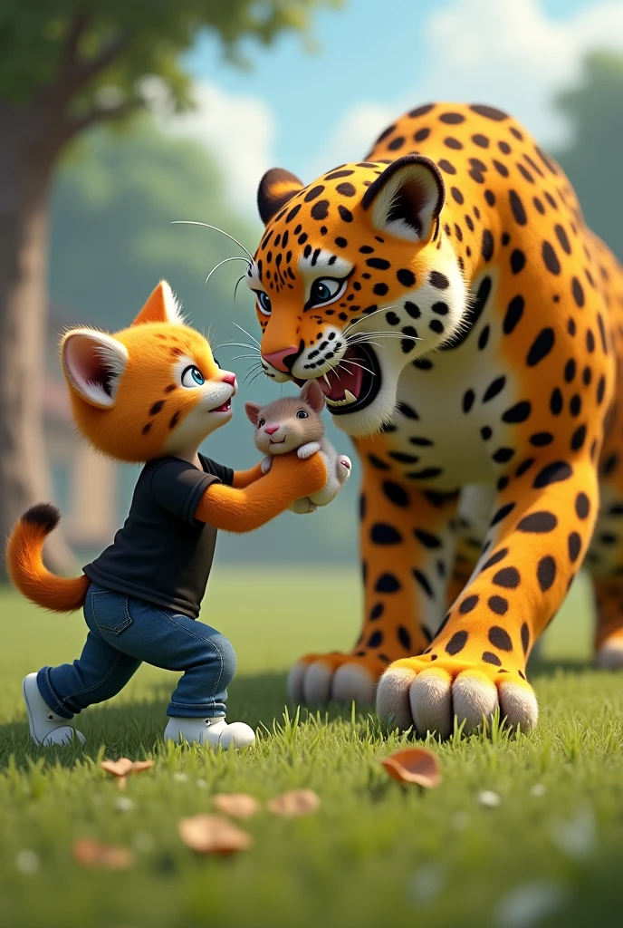 A 3D render a orange leopard is on a grassy field, near a tree, and a building In the background
a cat white grey kitten with a black t-shirt and jeans white shoes, with human-like arms and legs, is helping the rabbit and fight with the leopard. kitten attack on leopard anfer condition .The overall image has an illustration auttrophy style.