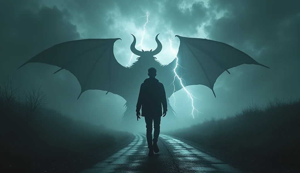 A male figure from behind, Walking towards a dark crossroads under a stormy sky, while a sinister shadow with horns is projected in front of him. atmosphere of fear and horror.