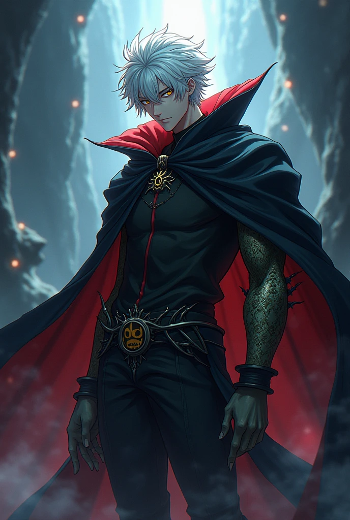 I want you to create a character that has gravity abilities and is a necromancer and has yellow eyes and white hair and a half draconic arm and has a spider cloak, the cloak is black, and I want you to make it a male anime version, now make this character using the 2 skills, he sadistic