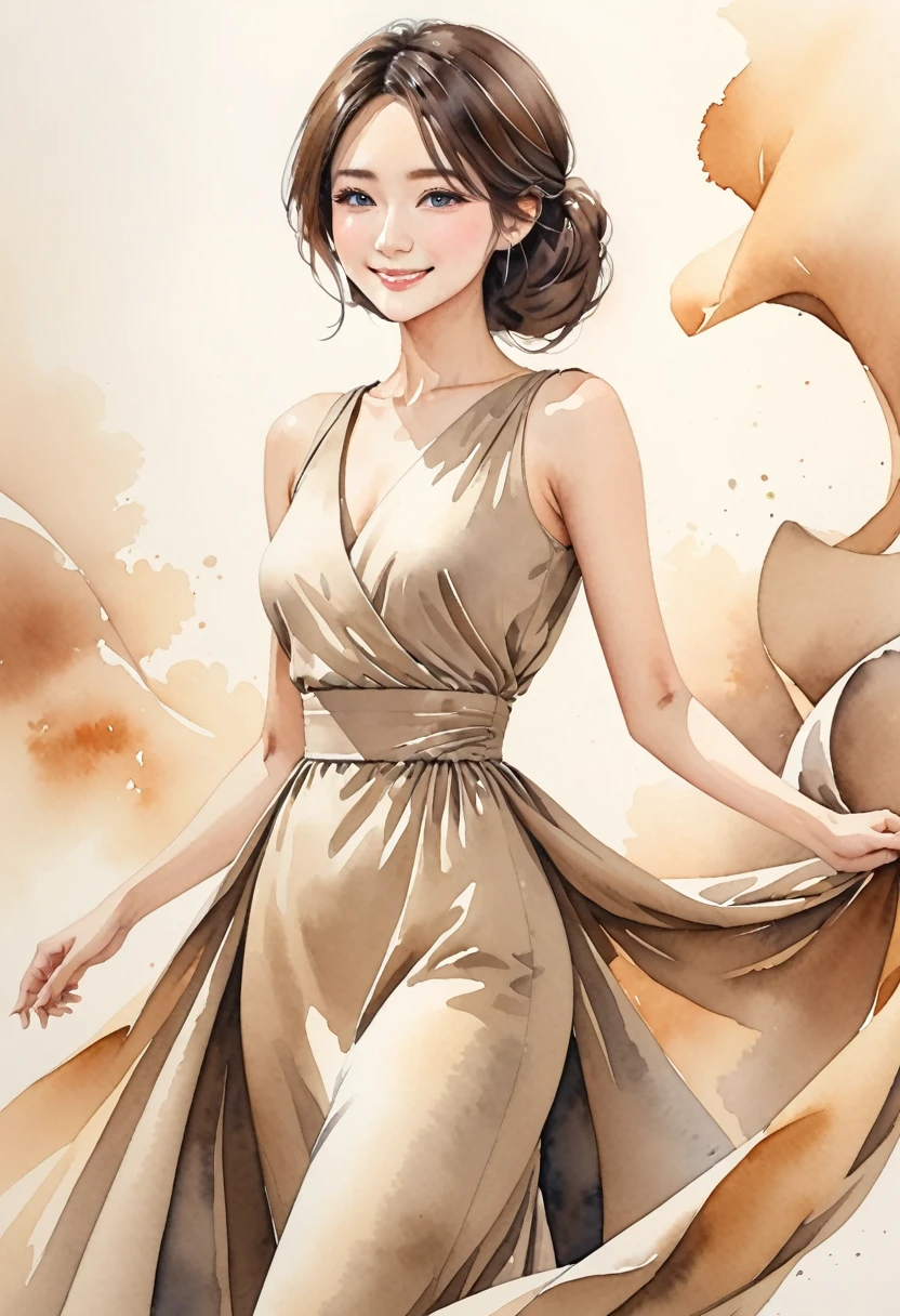 8K,Masterpiece,Top Quality,Dynamic Pose,Beautiful Woman with Long Hair,Smile: 1.6,Japanese Beauty,Create an image of a sleeveless dress with a classic and sophisticated silhouette. The dress features an asymmetrical design with draping that extends diagonally from the left shoulder to the right side, adding a sense of depth and elegance. The fit is tight from the waist down, following the contours of the body, and the length of the dress reaches just below the knees, making it a midi dress. The color of the dress is a muted beige, which enhances its understated yet refined appearance. The dress is plain without any patterns, with the drape and fitted silhouette being the main highlights,((Watercolor))