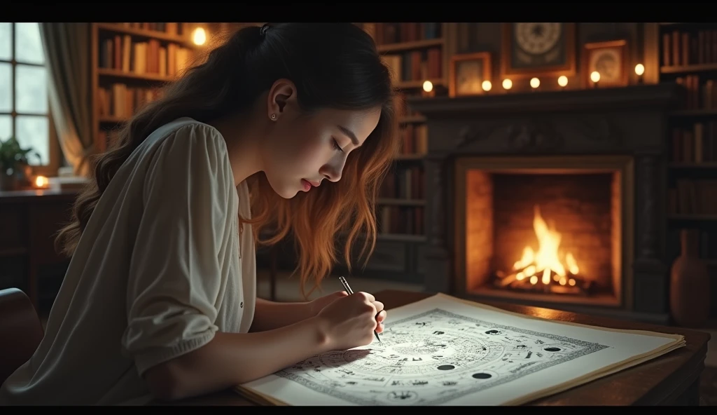 A detailed image of a person reflecting on their astrological chart, with the Moon’s phases and influences highlighted. The setting is a cozy study, evoking personal growth and introspection. --ar 16:9