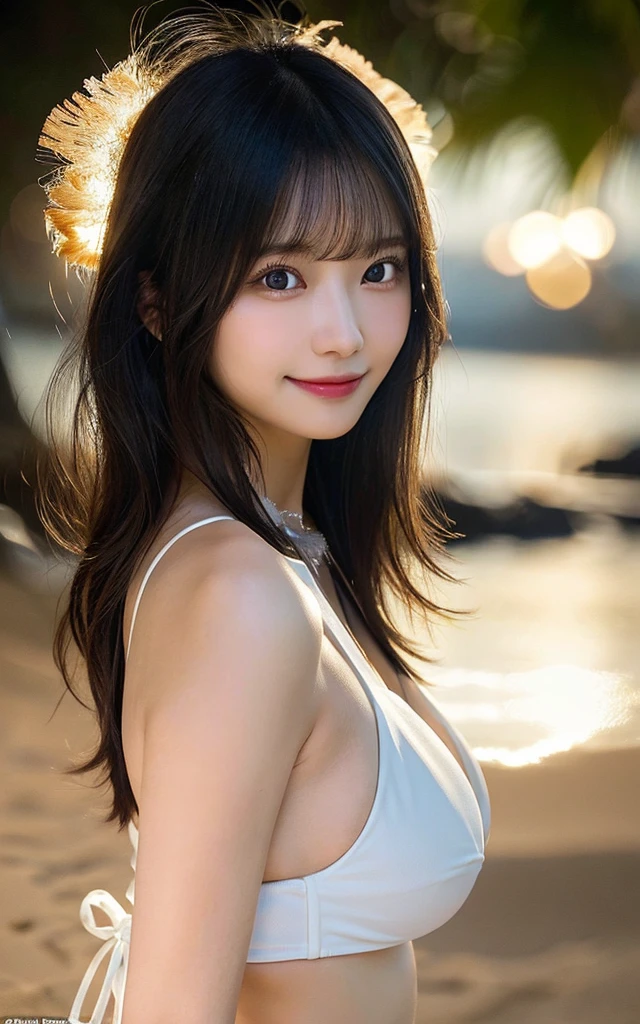 masterpiece、1 beautiful girl, A detailed eye, Puffy eyes, top-quality, A high resolution, (hyper realistic:1.4), cinematlic lighting, Japanese, Asian Beauty, Super beauty, Beautiful skin, A slender, The body facing forward, (A hyper-realistic), (hiper resolution), (8K), (highly detailed), (beautifully detailed eyes), (ultra-detailliert), (wall-), A detailed face, Bright lighting, profectional lighting, looking at viewer, Facing straight ahead, The costume a ((white:1.4) a cross-halter-bikini) Long hair, hair messy, asymmetrical bangs, nighttime, Black hair, Japanese idle, Gravure Idol, age21, tall, smile, Hawaiian beach, (big breasts:1.2)