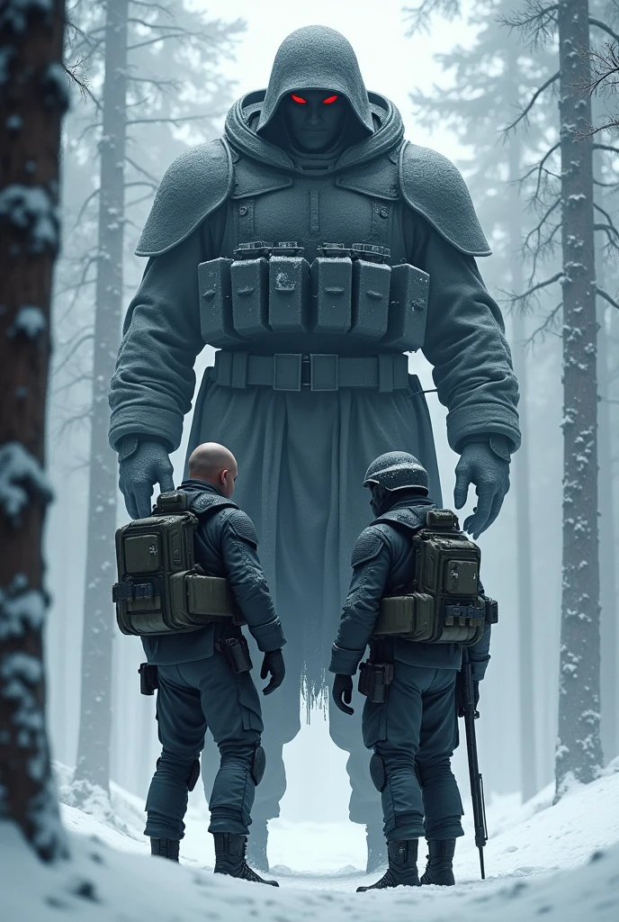Tall Man, with short black hair red eyes wearing scary military gear din helmet 2&#39;45 meters tall human next to a soldier in black military gear next to him imposing being shown The two soldiers together In the middle of a snowy forest showing how they were checking a bear trap 