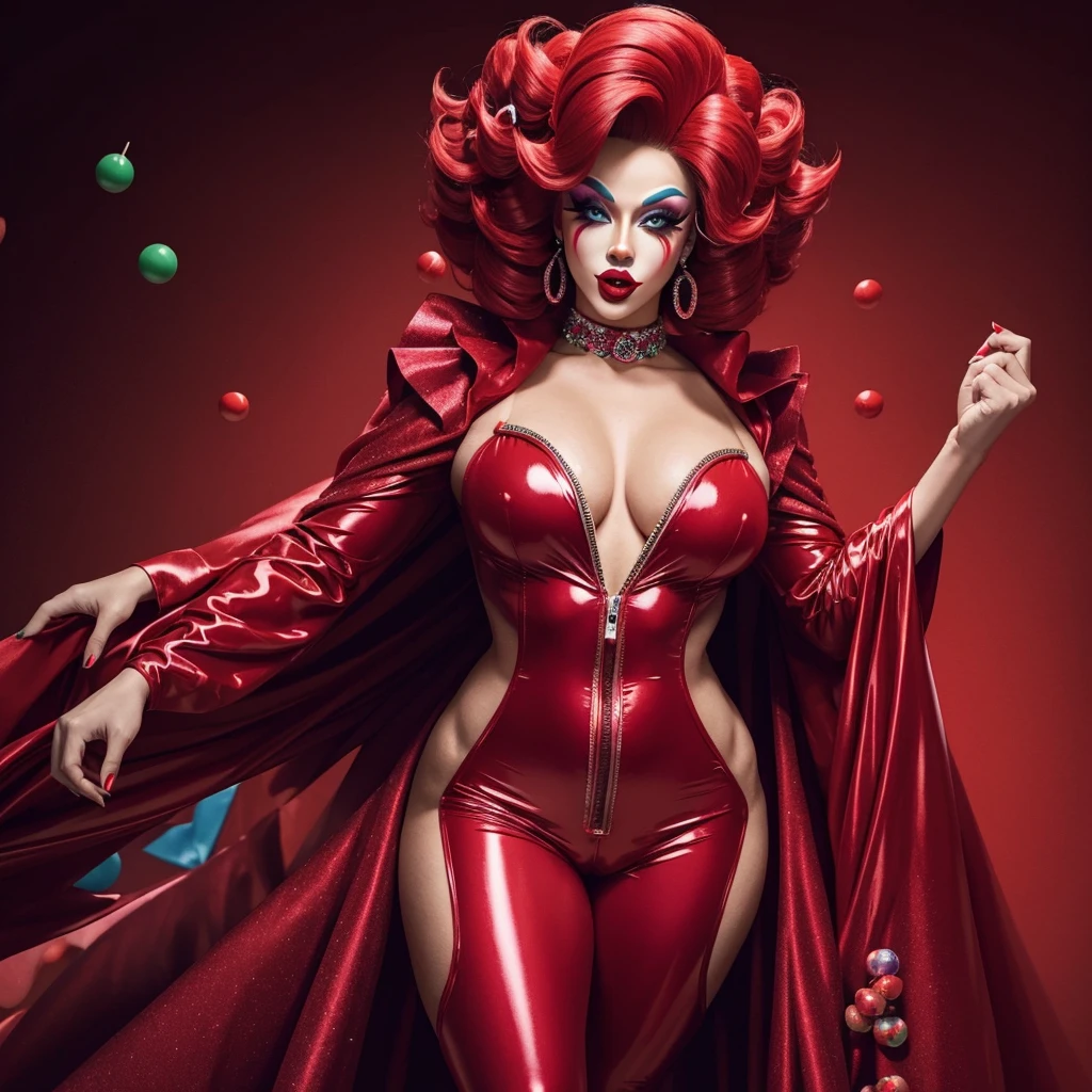 Drag queen named cookie clown with a Very red noise in a body suit , made out of many colors of candys like gum drops and peppermints (show her full gown in the image)