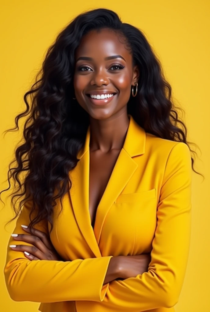 Realistic photo of a successful black woman with long wavy hair wearing a yellow blazer, and is very confident and happy, with a successful woman pose, ONLY THE FACE, now with a light yellow background 