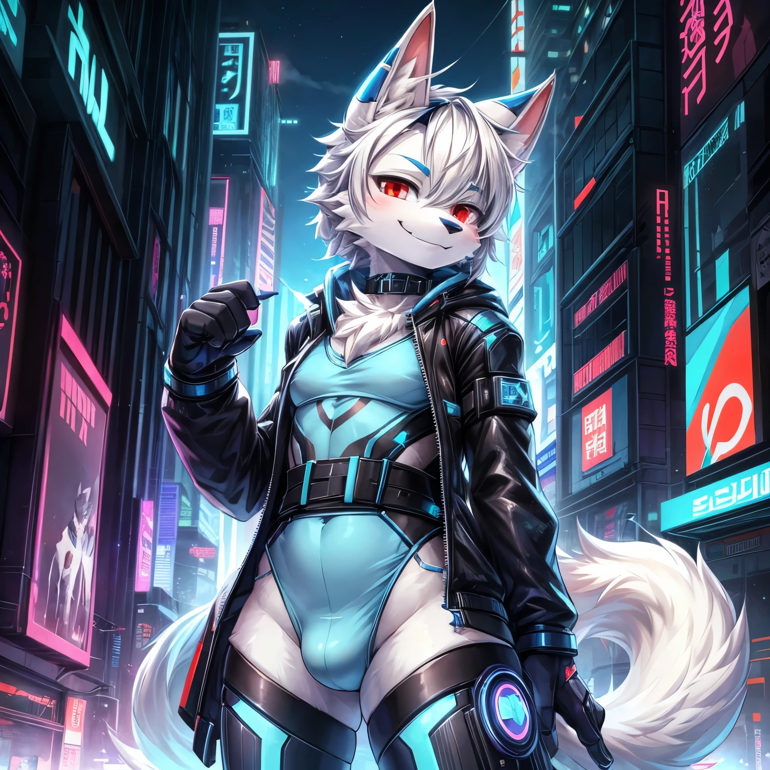 ((masterpiece, best quality)), (anthro furry:1.3, snout:1.2, anthro:1.3, furry:1.2, solo male:1.2, smug smile), Furry, kemono, furry wolf, anthropomorphic, male, silver fur, silver skin, red eyes, femboy, cyberpunk clothes, sexy clothes, revealing clothes, ((blue clothing)), cyberpunk theme, uploaded on e621, Cyberpunk technology. cybernetics,