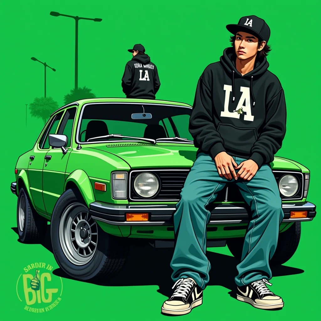 G-FUNK Hip Hop Album Cover, Green Background, Green Car, With If WONA behemes a gangster on the back of the painting, an Asian teenager wearing a black LA hoodie, a black LA ball cap with a deep press and a wide pair of jeans, a troublemaker boy sits on the bonnet of a car and lets the car out to the side. Lift the front wheel of the car