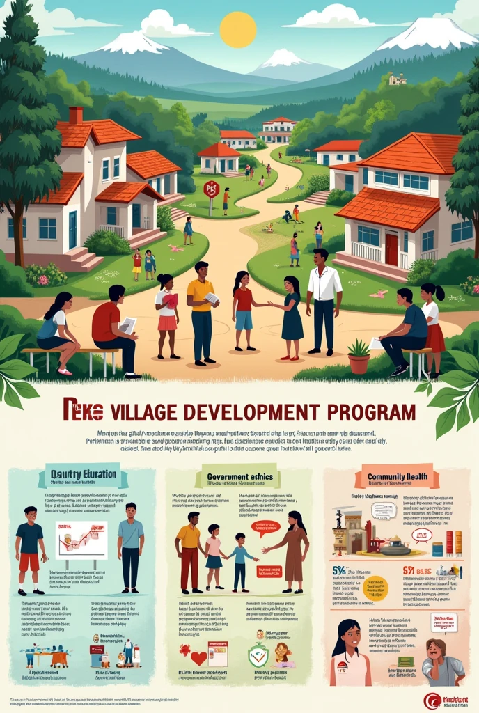 Create a poster about the PEKA Village Development Program Improving Village Quality of Life Through Three Main Pillars:
Quality Education Benefits: Economic Opportunities, Health and Wellbeing, Active Participation Strategy: Infrastructure Improvement, Teacher Training, Literacy Program, Government Ethics Partnership Goals: Integrity, Transparency, Accountability, Strategic Justice: Village Apparatus Training, Complaint System, Transparency Anggaran, Optimal Health Citizens Forum Benefits: Access to Medical Care, Disease Prevention, Participation in Health Promotion Strategies: Improvement of Health Facilities, Public Health Program, Vaccination, Partnership with Medical Personnel Conclusion: The PEKA Village Development Program aims to empower village communities with a focus on education., ethics of government, and health, so that the village can develop sustainably and prosperously. The simple version
