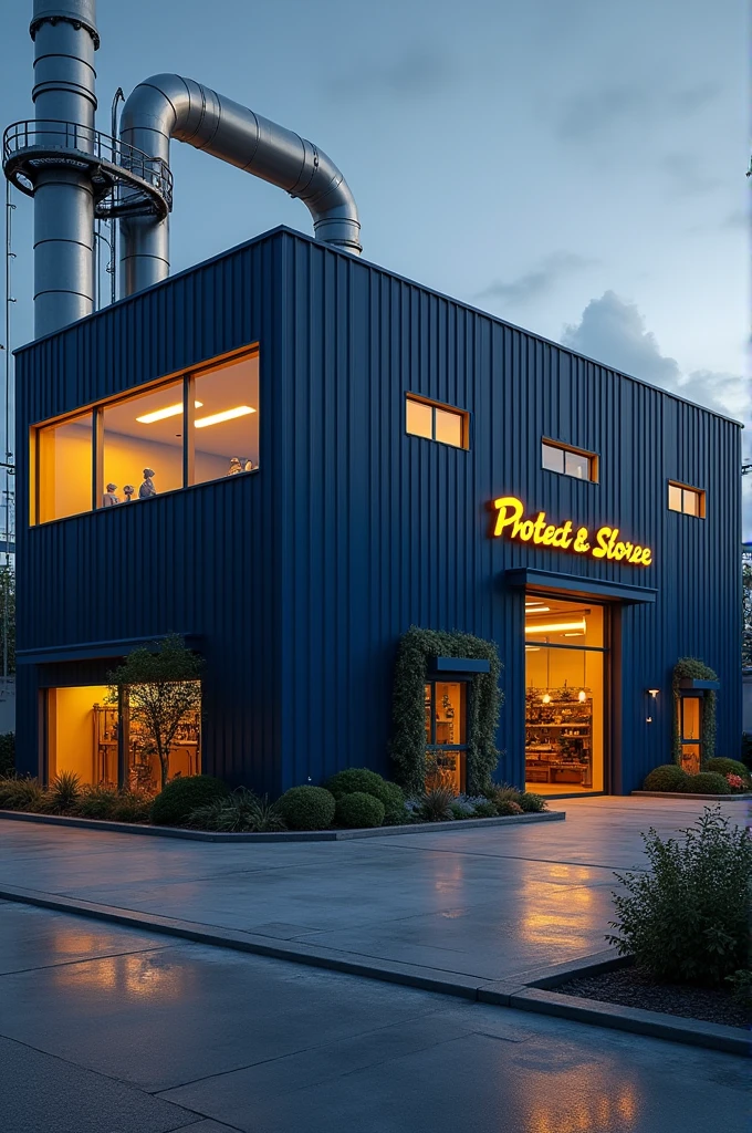 qcreate a realistic building image for my company name "Protect & Store" of protection and storage within the mechanical industry, make the image horizontally. I want this image to have signs of a mechanical industry and for the building to be navy blue with fire yellow details.