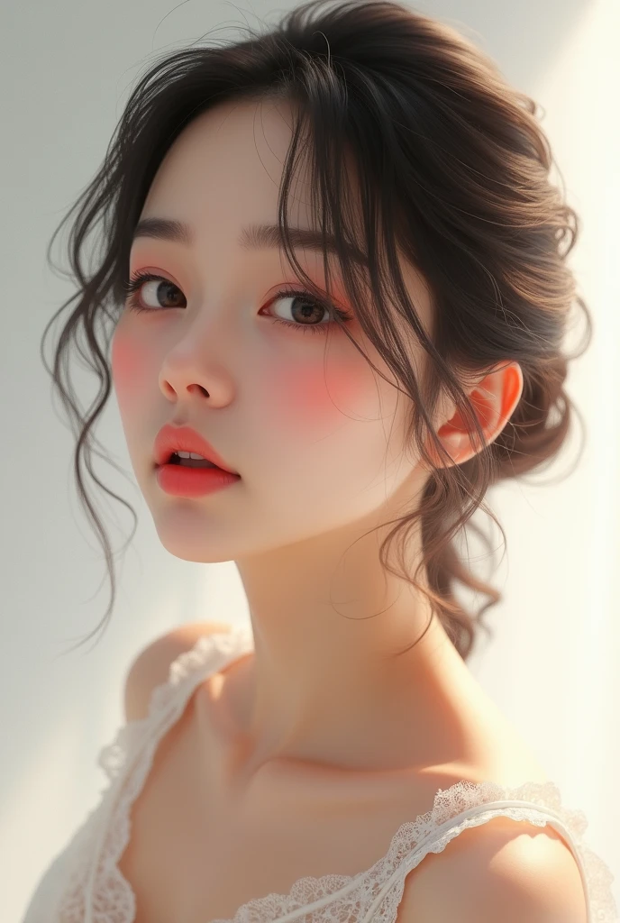 Young Japan(((Naked women)))、A beautiful girl who feels good from the invisible stimulation of her nipples and quietly shows an expression of embarrassment and ecstasy.、white background