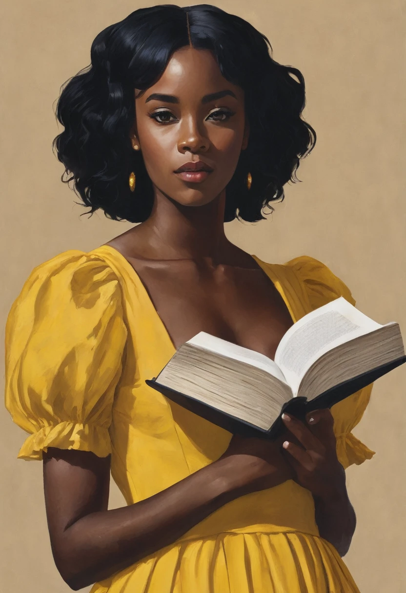 A young black woman, with loose black hair, wearing a yellow dress and holding a book in her hands