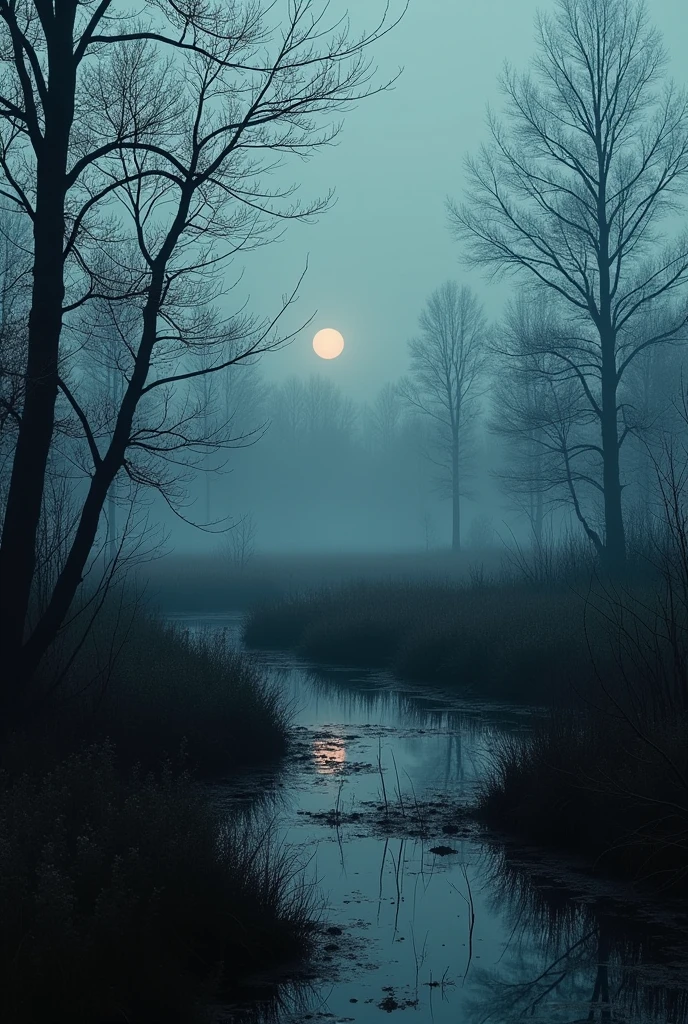 Very realistic evening dark photography of nature in Ukraine in gothic style, plain, swamp, low trees, a lot of bushes