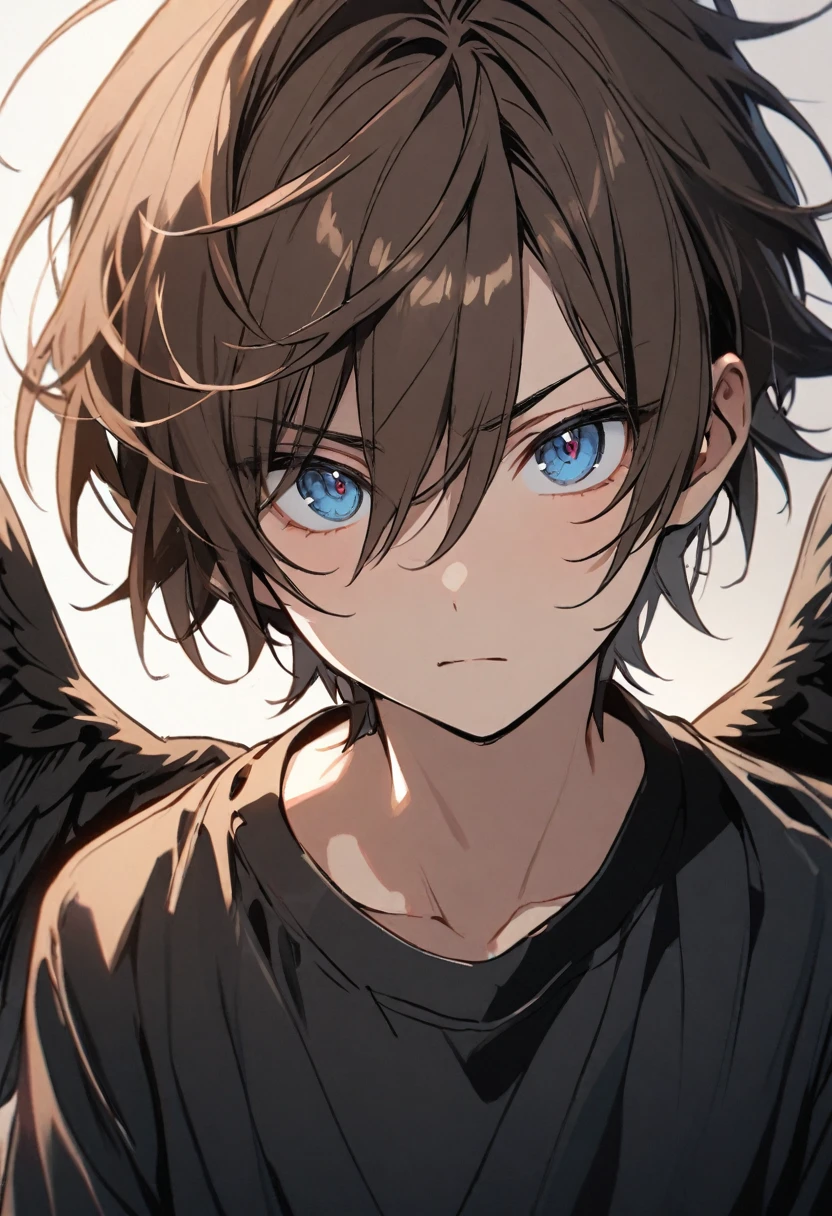 Black wings, brown hair, black shirt, blue eyes,boy,  Solo