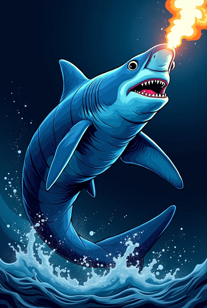 wild blue shark with a torch in graphic style