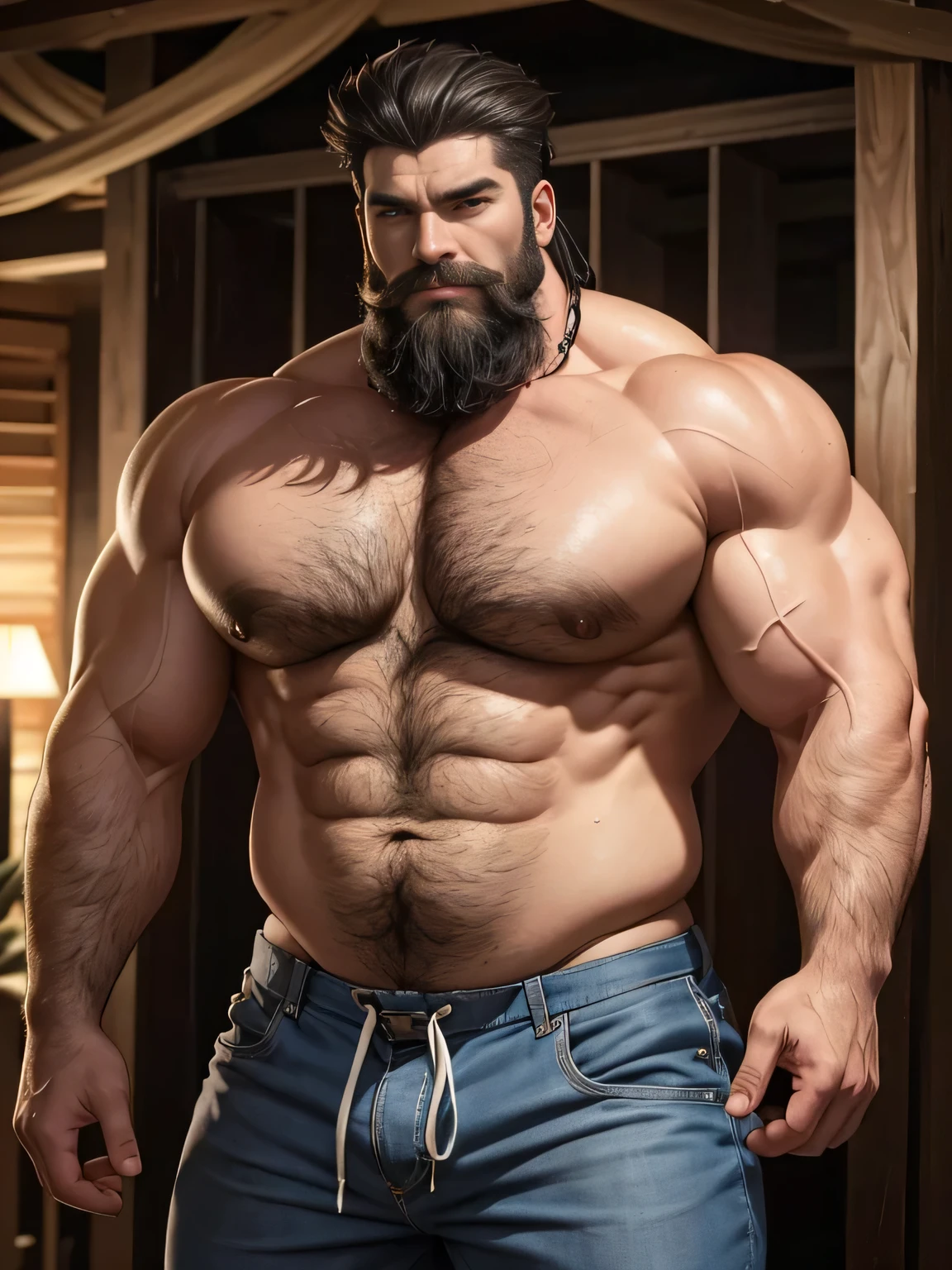 A burly, virile, and hairy dragon, exuding the irresistible charm of a himbo muscle daddy. His middle-aged features, adorned by a long, bushy beard and a thick mustache, reveal a life of experience and adventure. His body, sculpted into a warrior's build and a bodybuilder's physique, is a testament to his unyielding dedication to physical fitness. The hair on his chest and belly forms a carpet of thick fur, while his hairy arms and legs are adorned with a natural, untamed layer of hirsute. Every muscle on his overmuscular and musclebound frame is defined and bulging, veins pulsing beneath the surface, hinting at his incredible strength. Despite his advanced age, his grey hair only adds to his handsome and dreamy appearance.