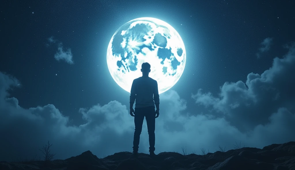 A powerful image of a person standing confidently under a Moonlit sky, with a cosmic backdrop. The scene conveys empowerment and the potential to harness lunar energies for personal growth. --ar 16:9