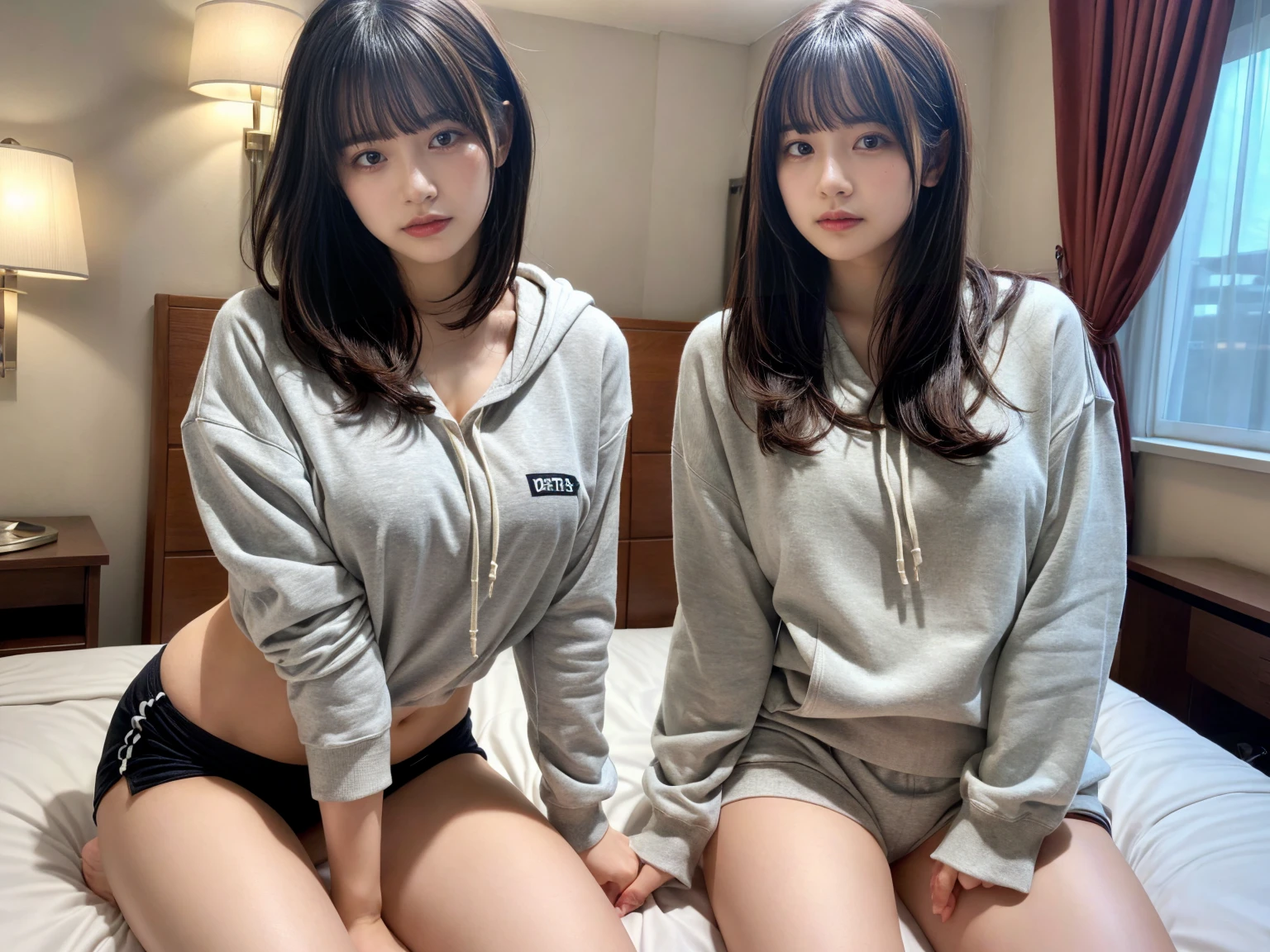 masterpiece, best quality, illustration, Super detailed, fine details, High resolution, 8K,wall paper, perfect dynamic composition,(Details High quality, realistic depiction of eyes:1.3), (2 girls), Oversized Light Grey Hoodie, ?????? Shorts, sitting, open legs, short bob hair, in a hotel room in the background, deep on field, large breasts, black hair color, Big Natural Color Lip, (perfect body shape), crying a little、Harajuku style、20 year old girl、cute type、beautiful legs, Gravure Idol