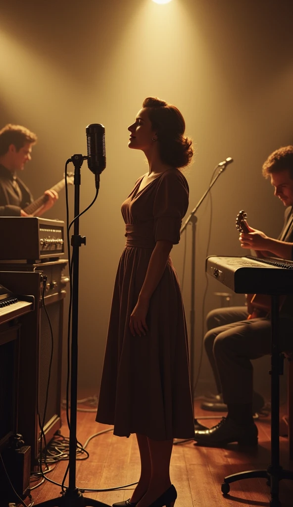 A 1940s recording studio with a warm, sepia glow. In the center, an old-fashioned microphone is surrounded by vintage analog equipment. A young woman, personified as a song, stands by the microphone, dressed in a 1940s style dress. She exudes excitement and energy as she sings. Musicians play in the background, with instruments typical of the era. The room feels alive with the birth of a new creation. (size: 1024x1024)