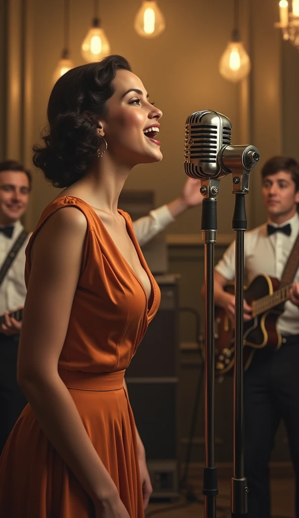 A 1940s recording studio with a warm, sepia glow. In the center, an old-fashioned microphone is surrounded by vintage analog equipment. A young woman, personified as a song, stands by the microphone, dressed in a 1940s style dress. She exudes excitement and energy as she sings. Musicians play in the background, with instruments typical of the era. The room feels alive with the birth of a new creation. (size: 1024x1024)
