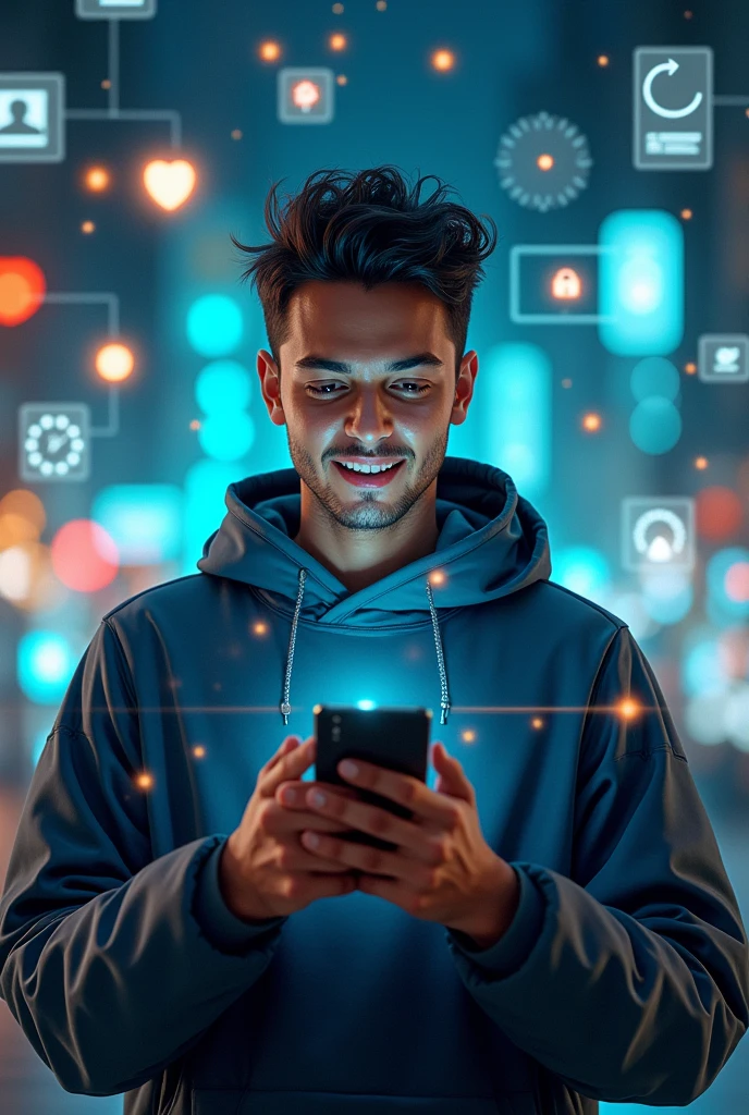 young man, 25, brazilian, surprise affection, using a smartphone, interacting with chatGPT, multitasking, surrounded by icons from different fields, versatile, icons of completed tasks, technology, cyberpunk