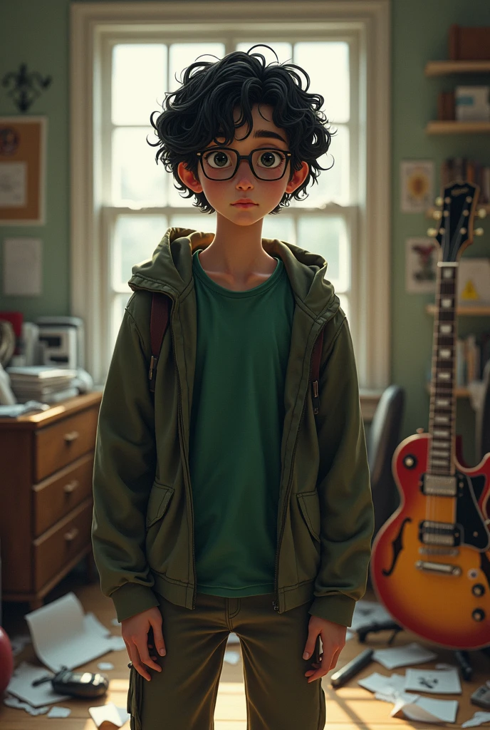 (photorealism:1.2), cover of a book for agers, with a teenr wearing glasses with curly black hair, green t shirt with a jacket, in a messy room, with sheets of paper on the floor, with an electric guitar.