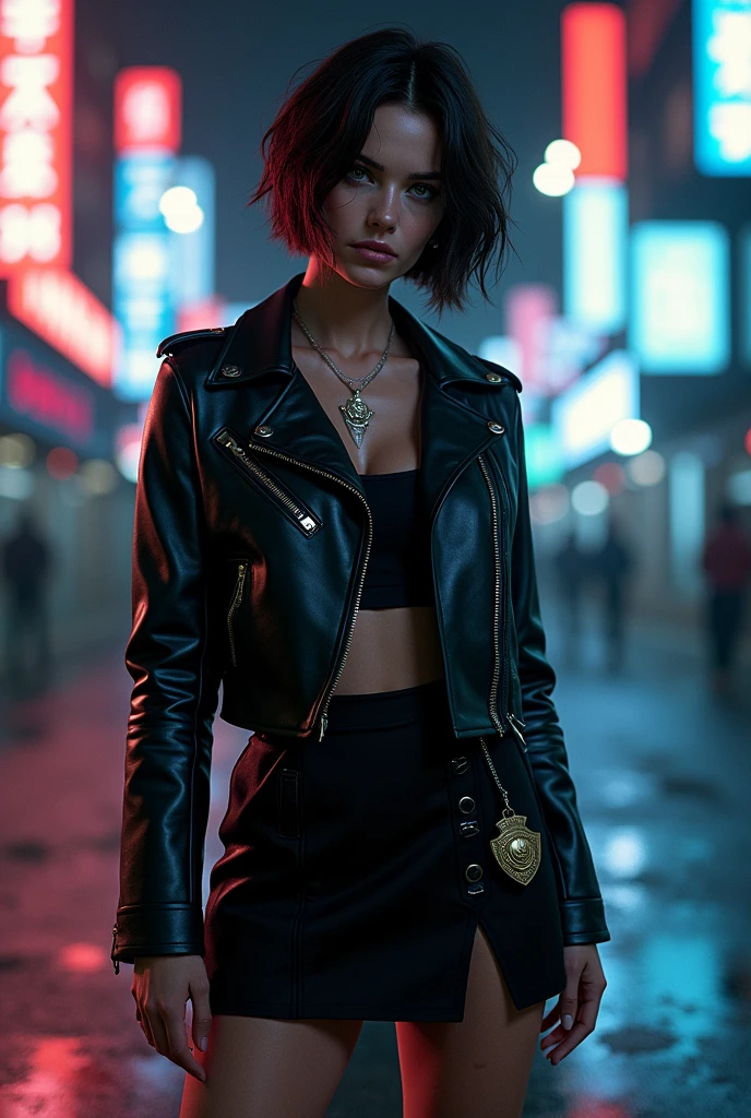 Portrait of natlp as a beautiful female model, georgia fowler, beautiful face, with short dark brown hair, in cyberpunk city at night. She is wearing a leather jacket, black mini skirt, dramatic lighting, (police badge:1.2)