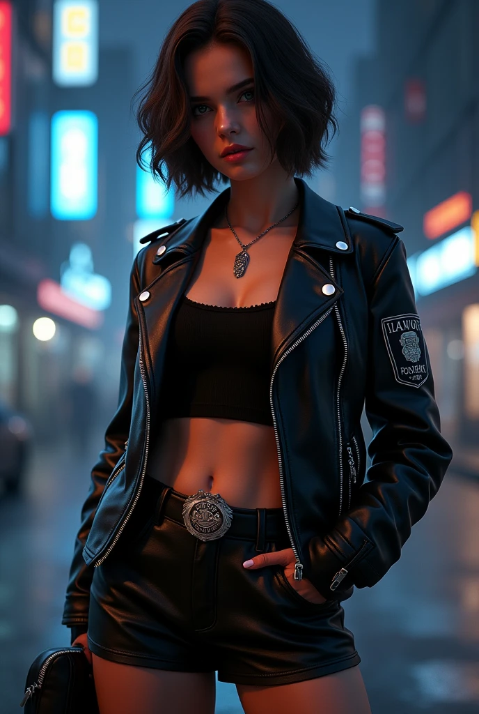 masterpiece,ultra high res, (photorealistic:1.4), raw photo, casual portrait of (21 year-old girl:1.3) ,(andear:0.99), leather jacket, Compact body,((cyberpunk,scifi)),refined detailed