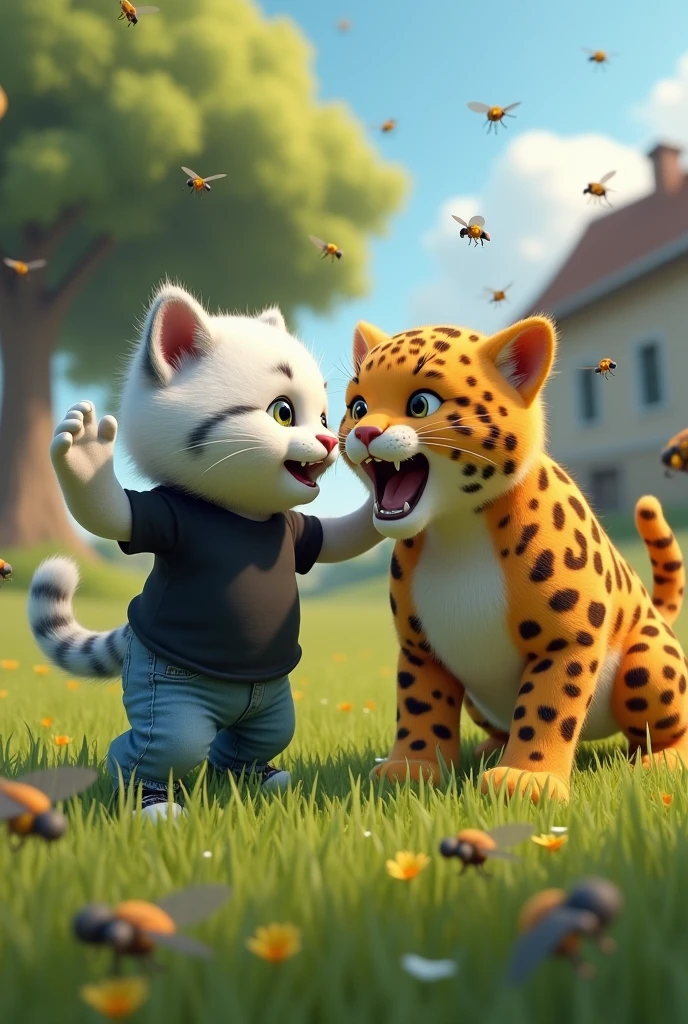 A 3D render a orange leopard is on a grassy field, near a tree, and a building In the background
a cat white grey kitten with a black t-shirt and jeans white shoes, with human-like arms and legs, is helping the rabbit and fight with the leopard. kitten attack on leopard anfer condition . fly on leoprad The overall image has an illustration auttrophy  style.