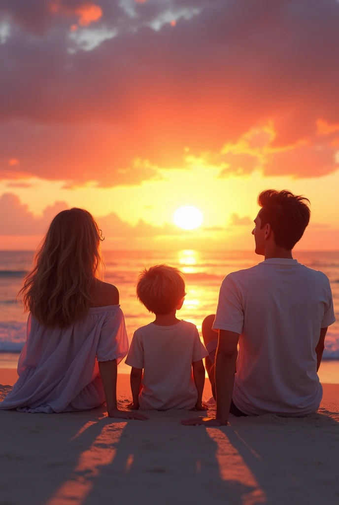 A child looking at the sunset with his elder brother, mother and father while sitting at beach