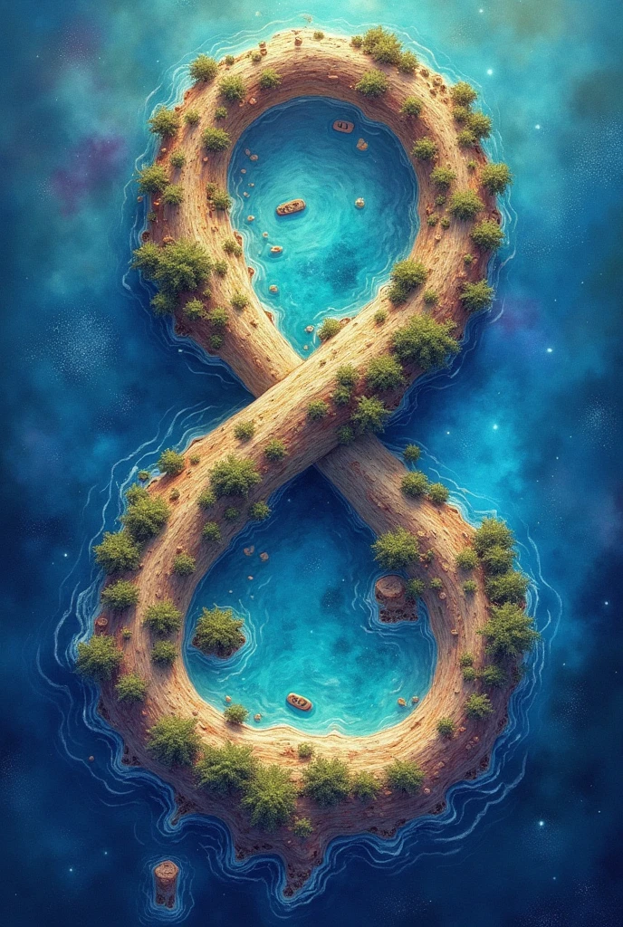 map shaped like an infinity island with water colors galaxy


