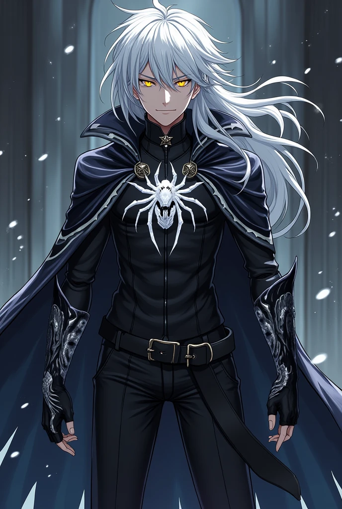 I want you to create a character that has gravity abilities and is a necromancer and has yellow eyes and white hair and a half draconic arm and has a spider cloak, the cloak is black and white, and I want you to make it a male anime version, now make this character using the 2 skills, he sadistic