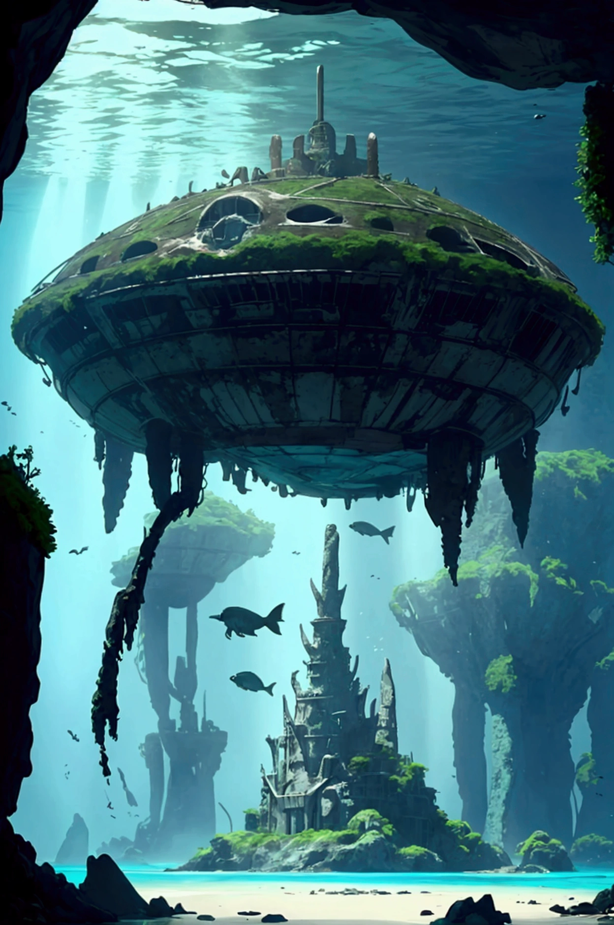 Under the surface of an isolated island in the middle of the ocean, a huge undiscovered underwater ruin is discovered, prehistoric alien underwater base, science fantasy, best picture quality.