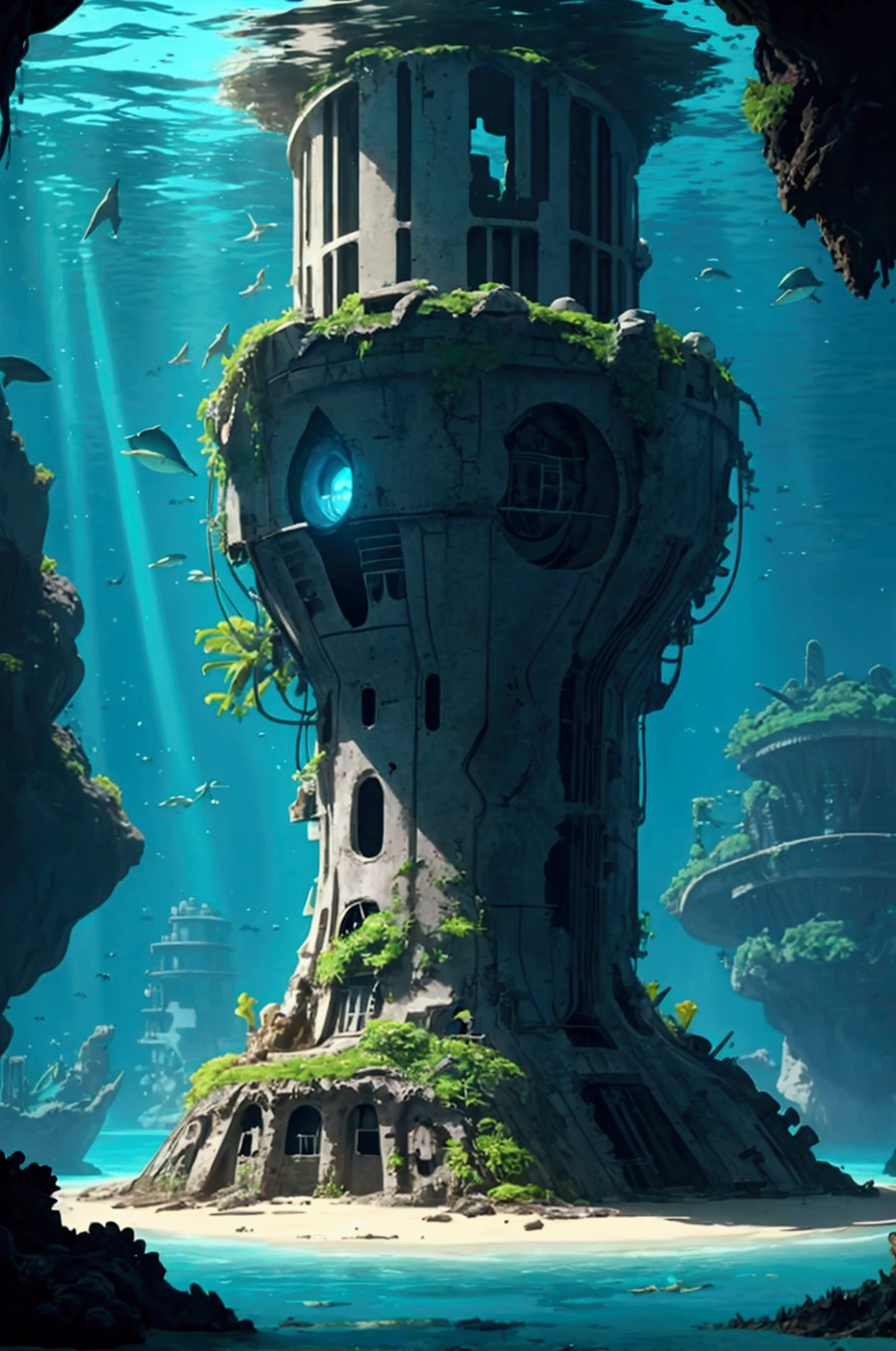 Under the surface of an isolated island in the middle of the ocean, a huge undiscovered underwater ruin is discovered, prehistoric alien underwater base, science fantasy, best picture quality.