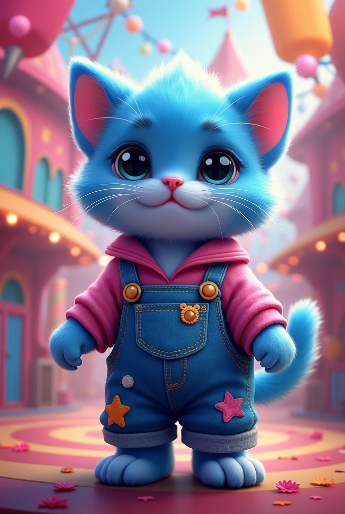 A blue kitten with blue overalls and a pink shirt

(In the style of DIGITAL CIRCUS)