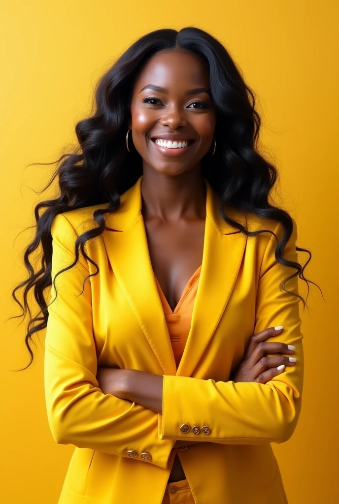 Realistic photo of a successful black woman with long wavy hair wearing a yellow blazer, and is very confident and happy, with a successful woman pose, ONLY THE FACE, now with a light yellow background with two daughters and husband 