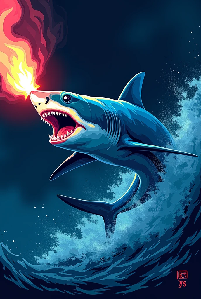 wild blue shark with a torch in graphic style