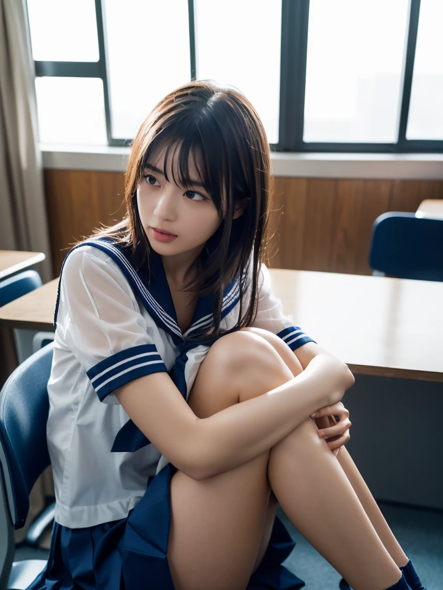 masterpiece:1.2, Very detailed, Ultra-high resolution, Realistic, photo Realistic:1.6,High-resolution RAW color photos, Professional photos, Sharp focus:1.2, Very detailed顔と肌の質感, Very beautiful eyes, Glossのある肌, Glowing Skin, Glowing Skin, Shining Face, Gloss, Oily skin, greasy face, Oily skin, greasy face, real Glossのある肌 texture, Perfect Anatomy, Very detailed背景,(High school classroom at night),1 female,25-year-old woman, Japanese women,short hair, Straight hair, bangs, Brown Hair,((Flat Chest:1.6)),Slender legs, ((A sheer white short-sleeved sailor suit、Navy blue pleated skirt:1.5、Sexy T-panties under skirt)),((Sit at a desk hugging your knees:1.4))、((A wet sailor uniform with a very transparent bra:1.3)),Invite to sex