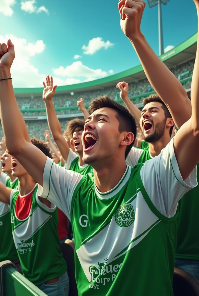 (photorealism:1.2), full tribune of football fans on green-white colors are shouting name "Gyokeres"