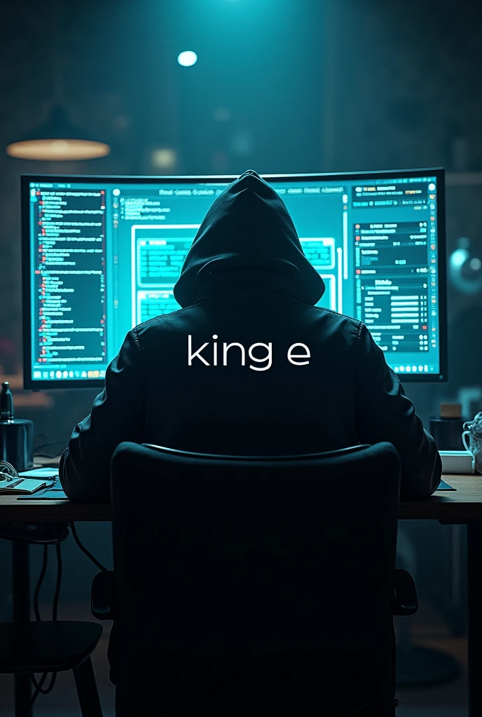 A Hacker sitting with his back to a monitor with a name on the back of his coat that says "King E 👑🇵🇦"