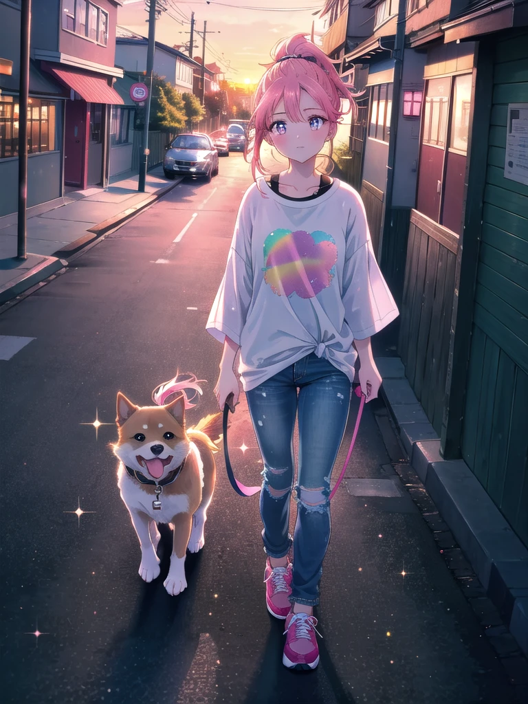 ((8k, Highest quality, masterpiece: 1.3)),Ultra-high resolution,(1 girl, alone), (Color changing eyes, Ultra-detailed, Expressive brilliance, Glitter, Glowing Eyes), Highly detailed eyes, Highly detailed face, Random Hair, ((pastel colour)),The girl is taking her small dog for a walk around the neighborhood as the sun sets. She’s dressed in a light jacket over a t-shirt and a pair of jeans, her hair tied back in a loose ponytail. Her expression is calm and peaceful as she holds the leash, the dog trotting happily beside her. The sky is a beautiful gradient of orange and pink, and the streetlights are just beginning to turn on, casting a warm glow on the pavement. The neighborhood is quiet, with only the sound of the dog’s paws on the ground and the occasional car passing by. (sunset light, casual outfit, calm expression, walking a dog)