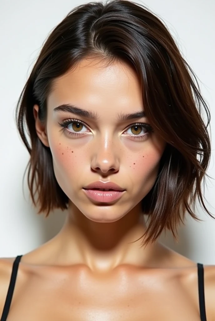 8k、realist、detailed face、mouth details、detailed eyes、wet skin、standing、risa、Shooting from behind、((Large and ample breasts))、sportswear、training gym、(moles on the face)、Brown hair、bob cut、Shoot the whole body from the side.